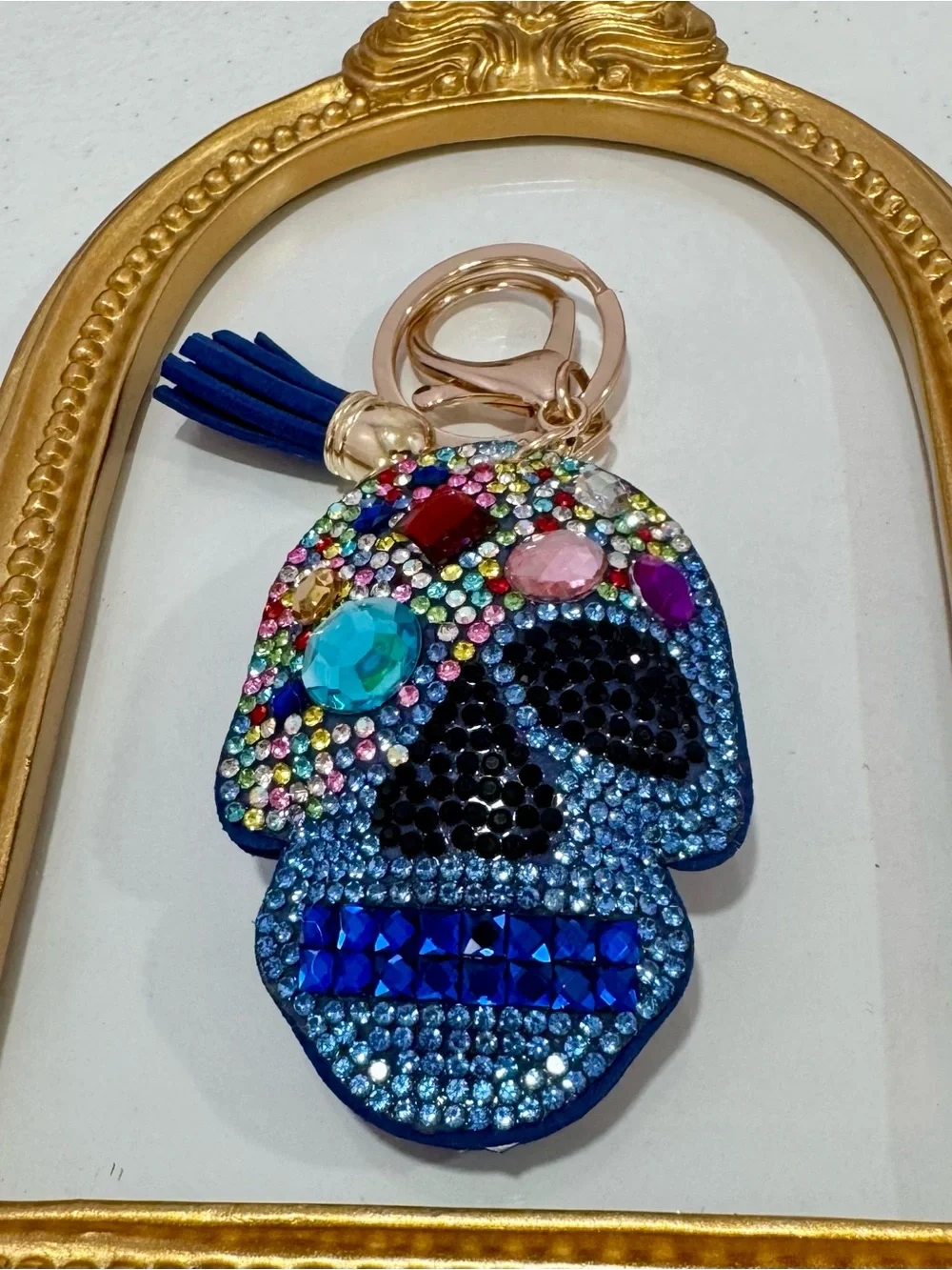 New Blue Multicolor Rhinestone Sugar Skull Keychain with Tassel